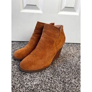 Womens Wedge Heel Ankle Boots Suede Leather Look Caramel Tan Zip Up Shoes Size 9